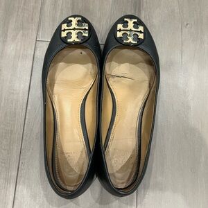 Tory Burch Black and Gold Logo Flats